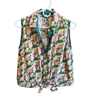 Lafayette 148 green pink floral blouse women's size S with a tie waist 100% silk